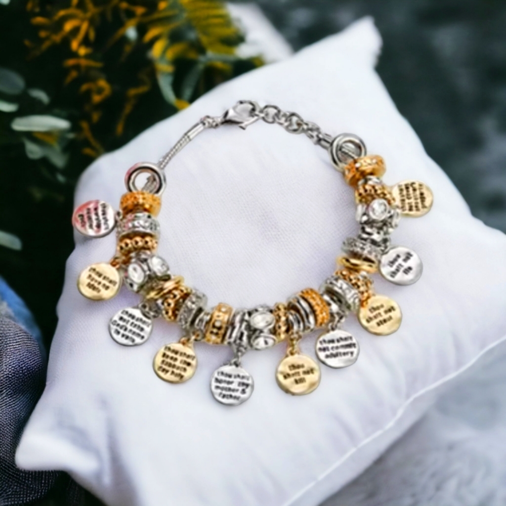 Beautiful Silvertone Crystal and Cubic Zirconia Accent 10 Commandments Bracelet